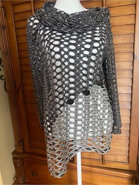 Metallic Gray Open-Knit Cowl-Neck Sweater Tunic